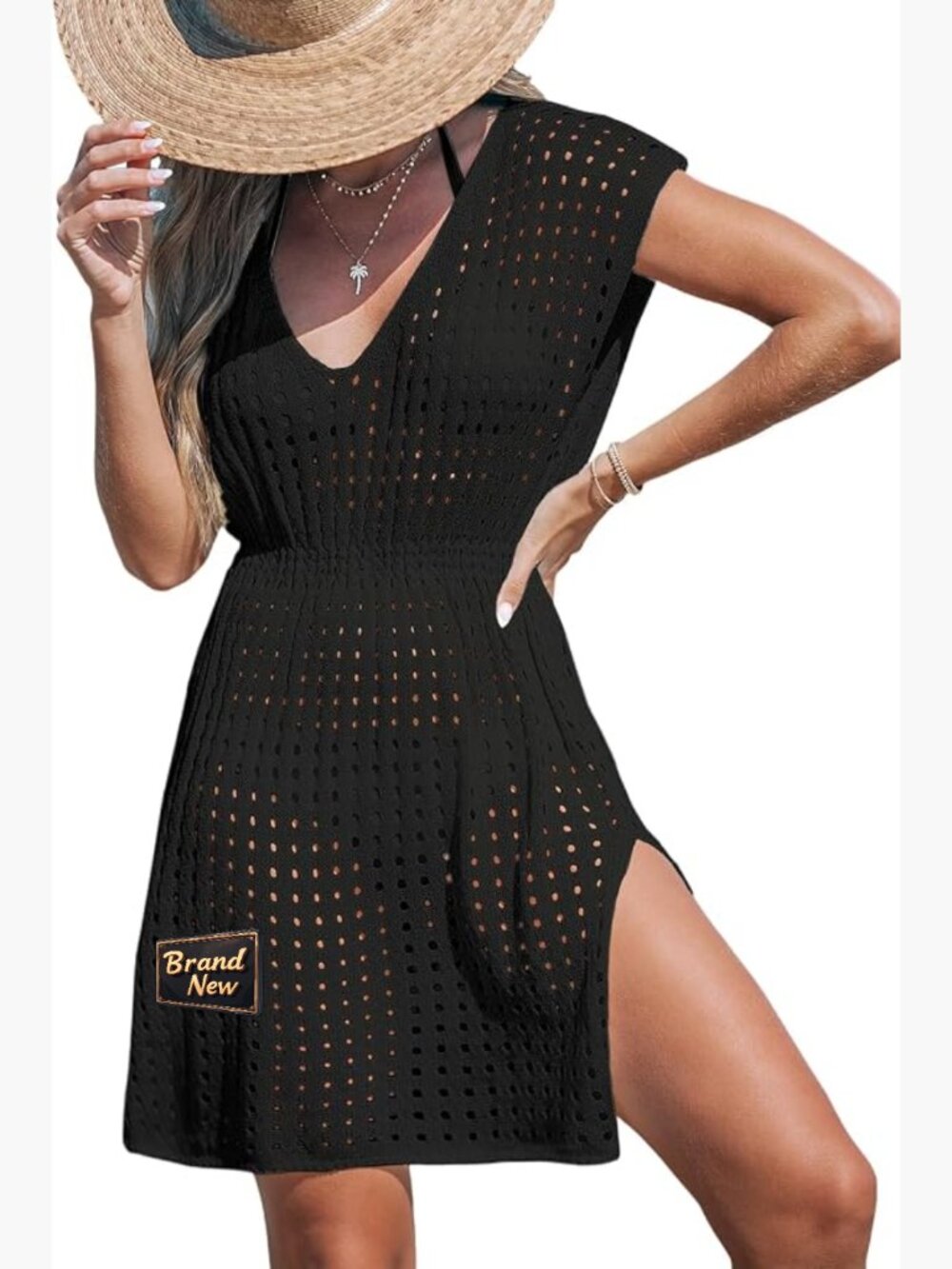 Crochet Swimsuit Coverup Short Sleeve V Neck Mini Dress Knit Beach Cover Up